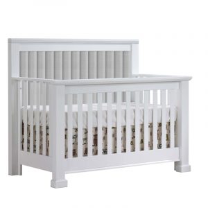 Taylor Convertible Crib in White with Channel Tufted Upholstered panel in Linen Grey