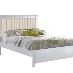 White double bed with green sheet and talc headboard panel